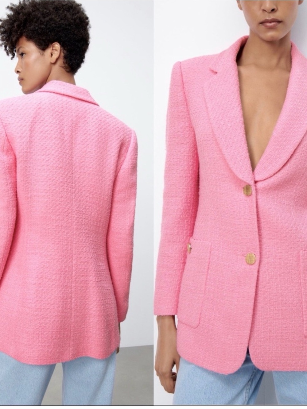 ZARA Pink Textured Tweed Blazer with Gold Buttons Size S